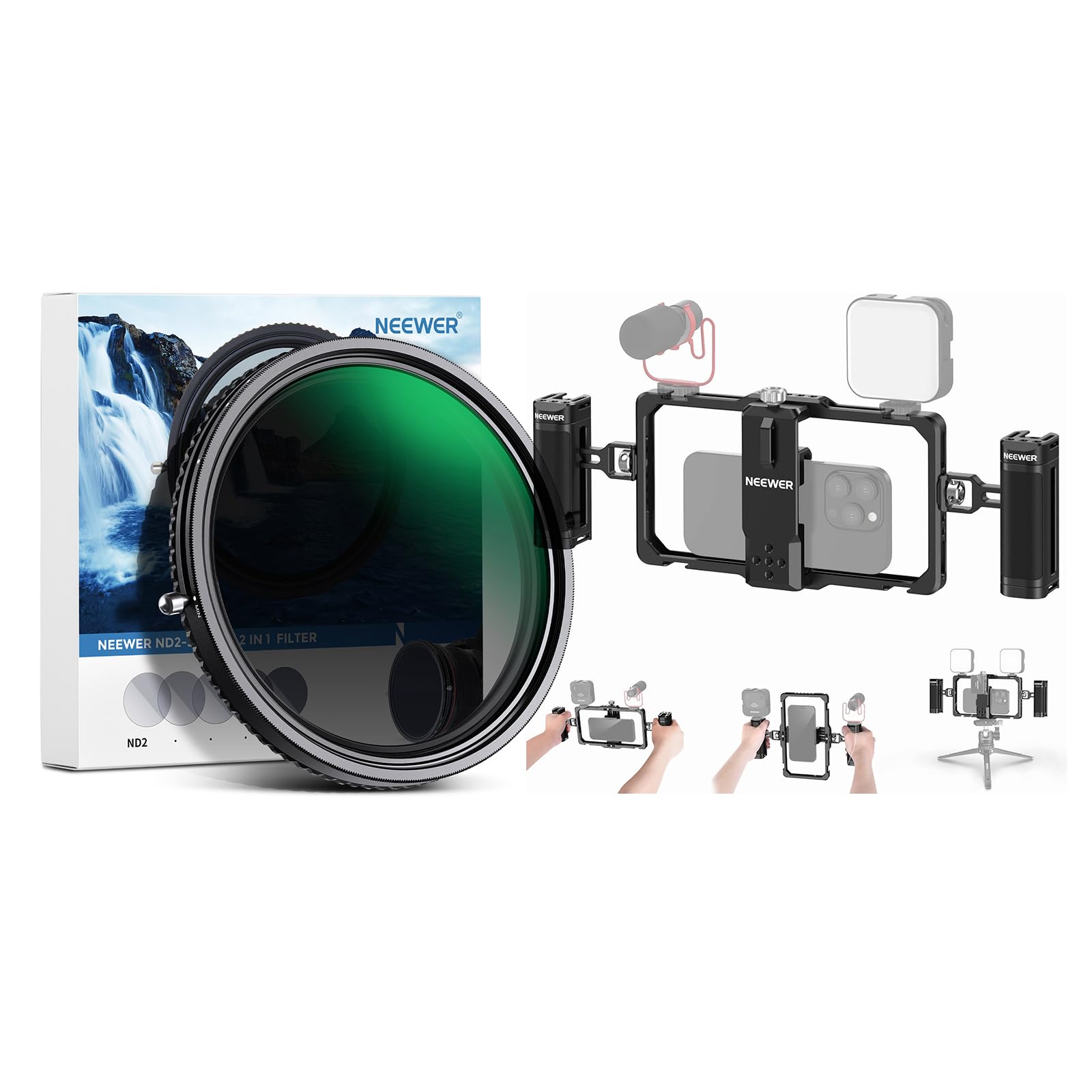 2 in 1 67mm Variable ND Filter ND2–ND32&CPL Filter(Circular Polarizer Filter) + PA009 Upgraded Phone Rig Vlogging Kit, No X Cross/30 Layer Nano Coated/HD/Ultra Slim Aluminum Alloy Frame