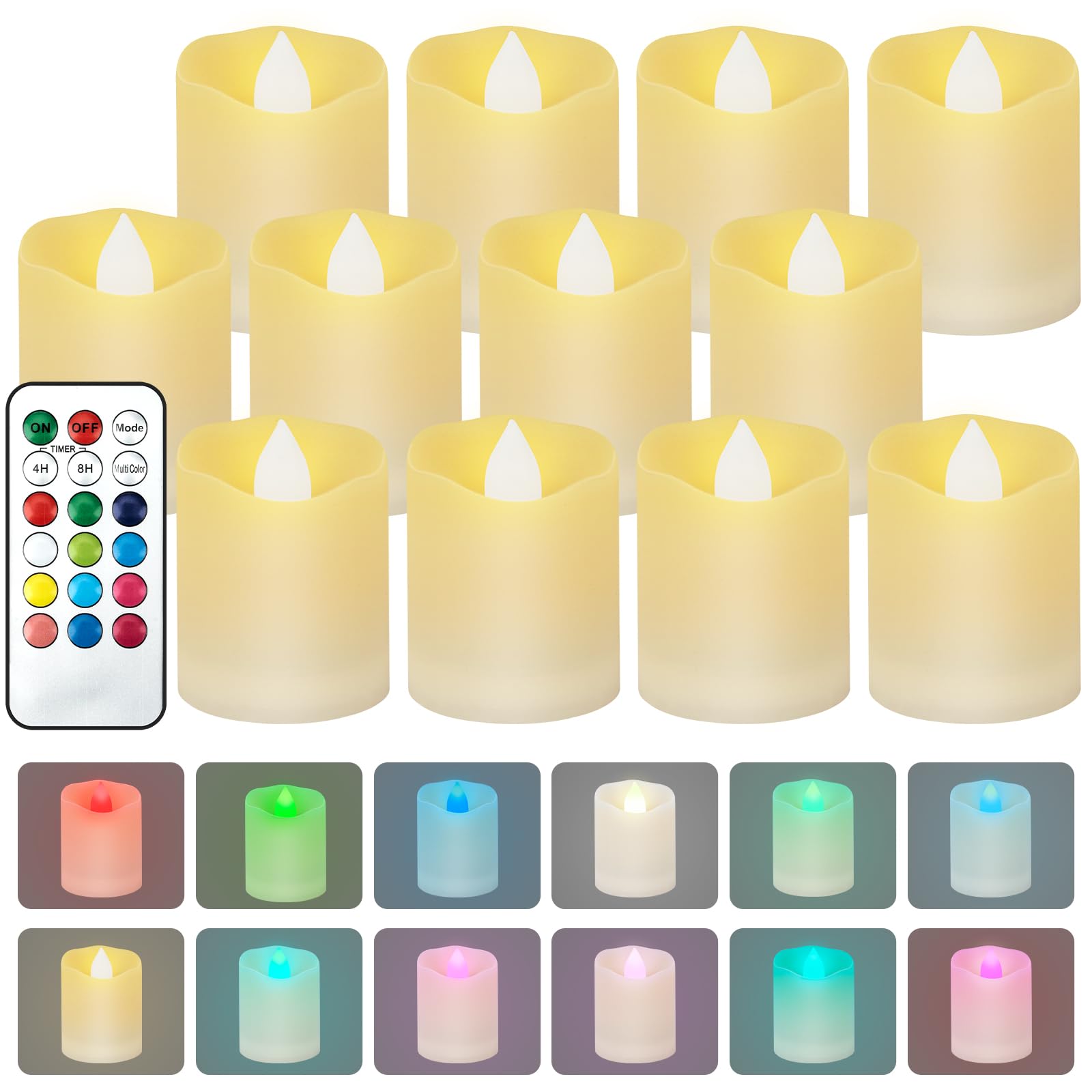 Velas LED con temporizador, velas de té LED con mando a distancia, temporizador 4H/8H, 2 modos, velas eléctricas multicolores, velas para Halloween, Navidad, bodas, decoración, fiestas, bodas,
