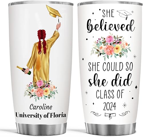 wowcugi Vaso de graduación personalizado con tapa de 20 onzas con tapa con texto en inglés She Believed She Could So She Did, tazas de café de 20