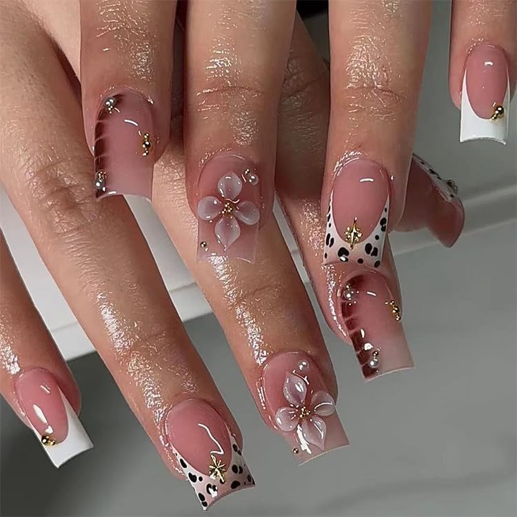 Flower Press On Nails Medium Square Fake Nails With Gold Pearl Star Designs Nude Pink False Nails Leopard Print Nail Press Ons Flower Embossment Full_voghion.com