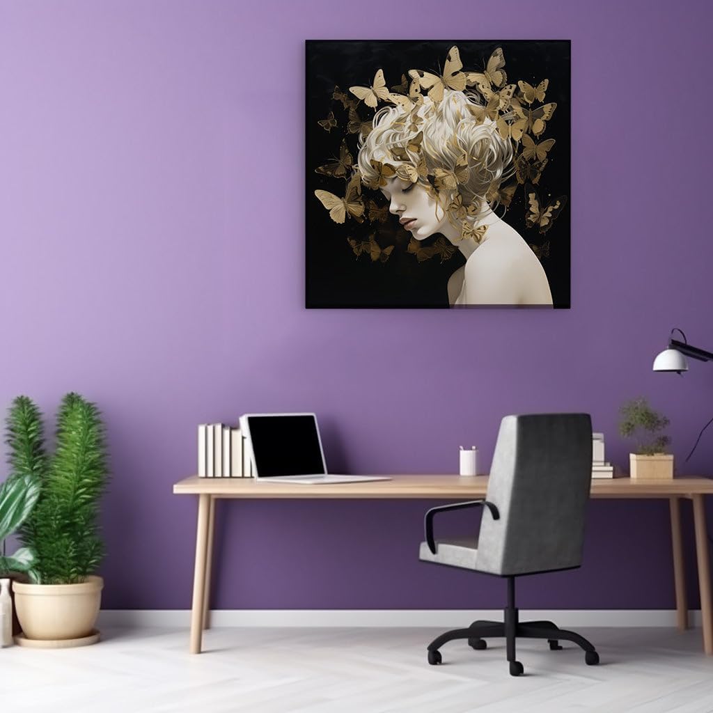 Canvas for Living room. Whispers of Serenity: A Digital Portrait Amidst the Dance of Golden Butterflies, 27 x 18 inch Canvas Wall Art - Contemporary Masterpieces - Modern Home Decor