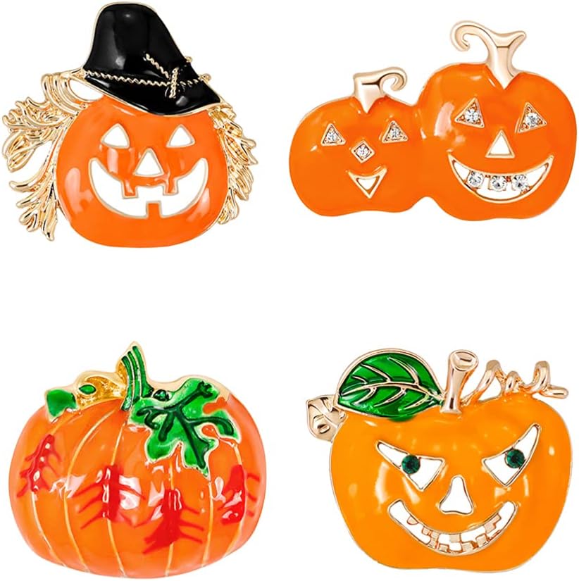 4pcs Halloween Brooches Alloy Pumpkin Breastpins Cartoon Sweater Shawl Clips Collar Clasps 4 Styles for Dresses Shirt Cardigan Party, Orange, 3.7x3.6cm