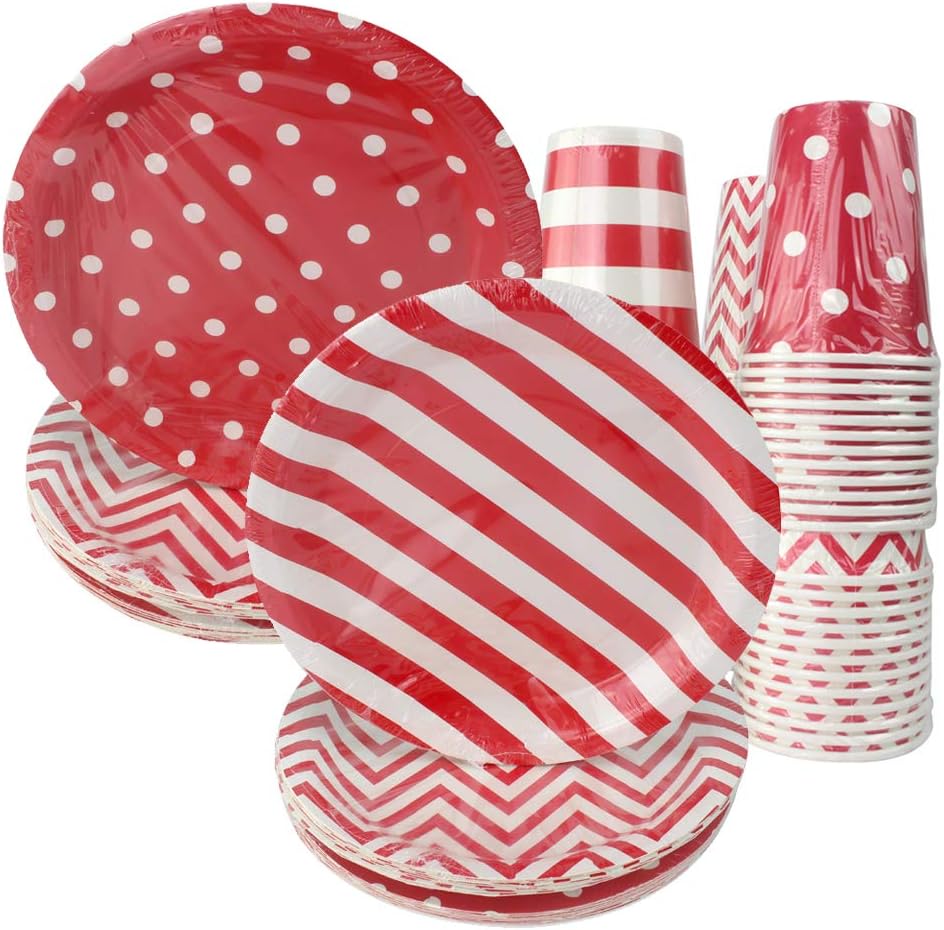 Disposable Red Paper Plates 9inch (36pcs) & Paper Cups 9 oz (36pcs) - Red White Striped, Polka Dot, Chevron Tableware Party Supplies