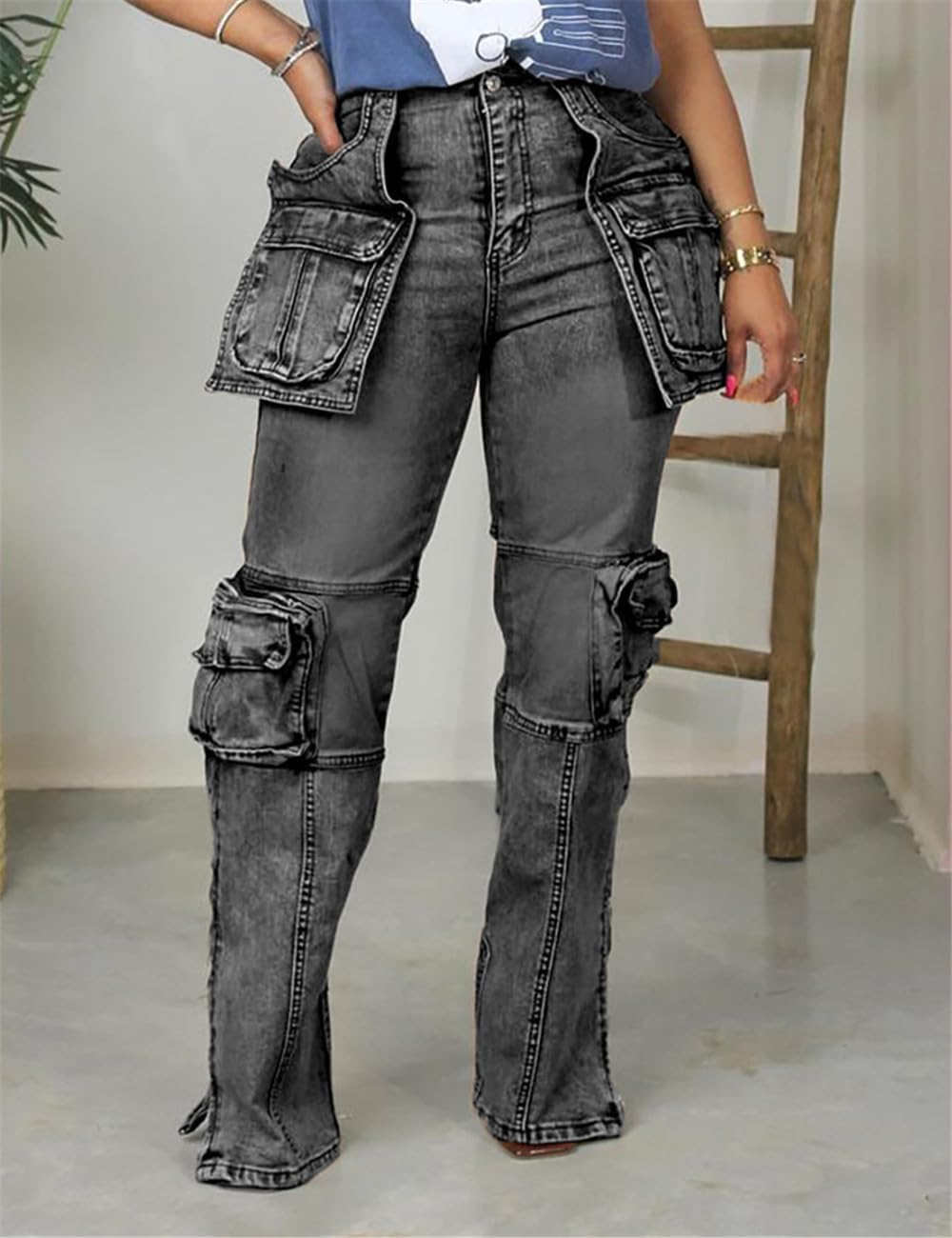 Women Baggy Denim Cargo Straight Leg Jeans with Pockets All Over - Image 5