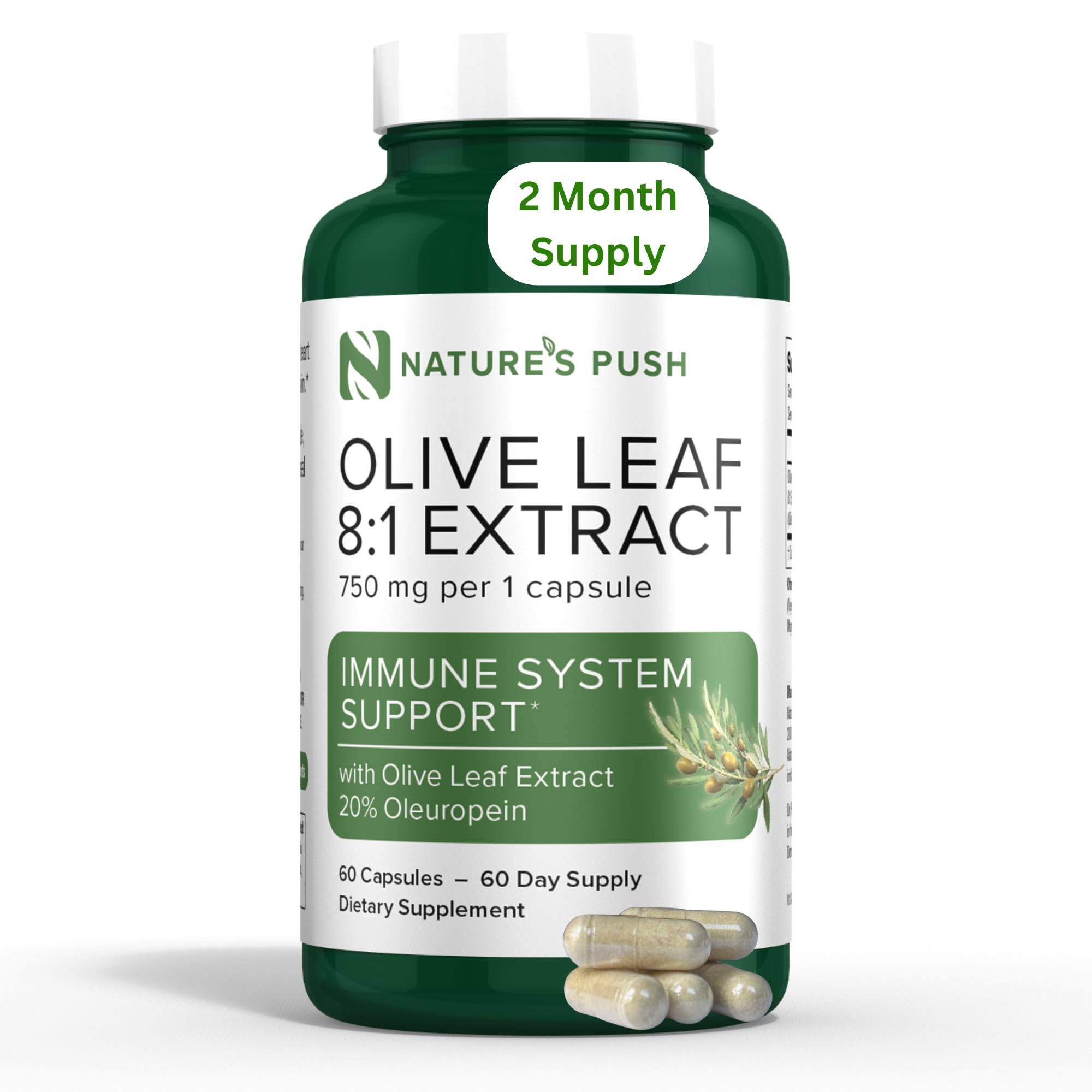 Super Potent 750mg Capsule with Olive Leaf 8:1 Extract 20% Oleuropein for Immune System, Skin, and Heart Health Support Vegan Non-GMO USA cGMP Gluten Free Antioxidants 60 Capsules 2 Month Supply