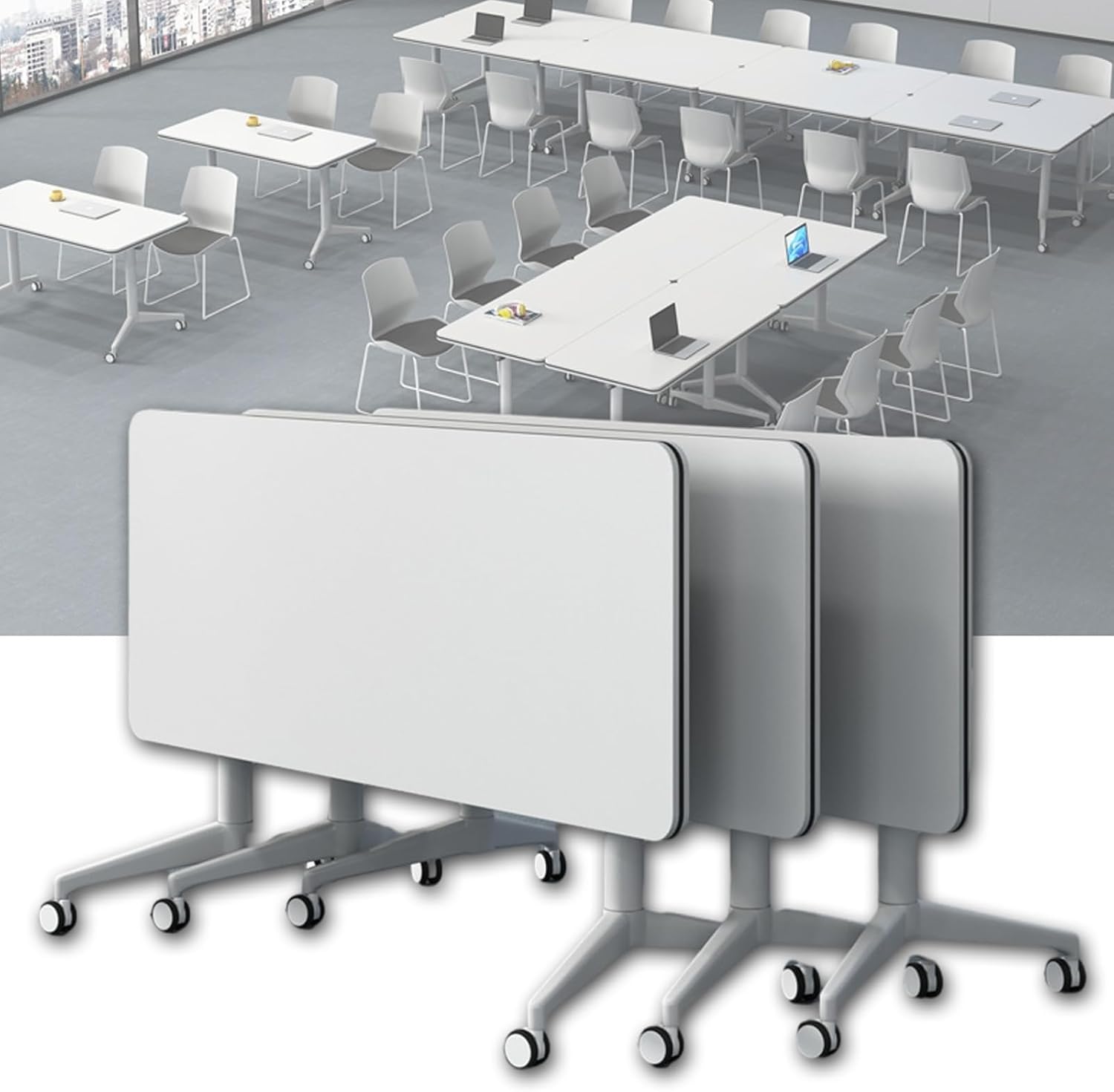 3-Pack Compact Folding Computer Desk - Mobile Flip Top Meeting & Training Table with Wheels, 63" x 23.6" x 29.5", Perfect for Conference Rooms & Home Offices