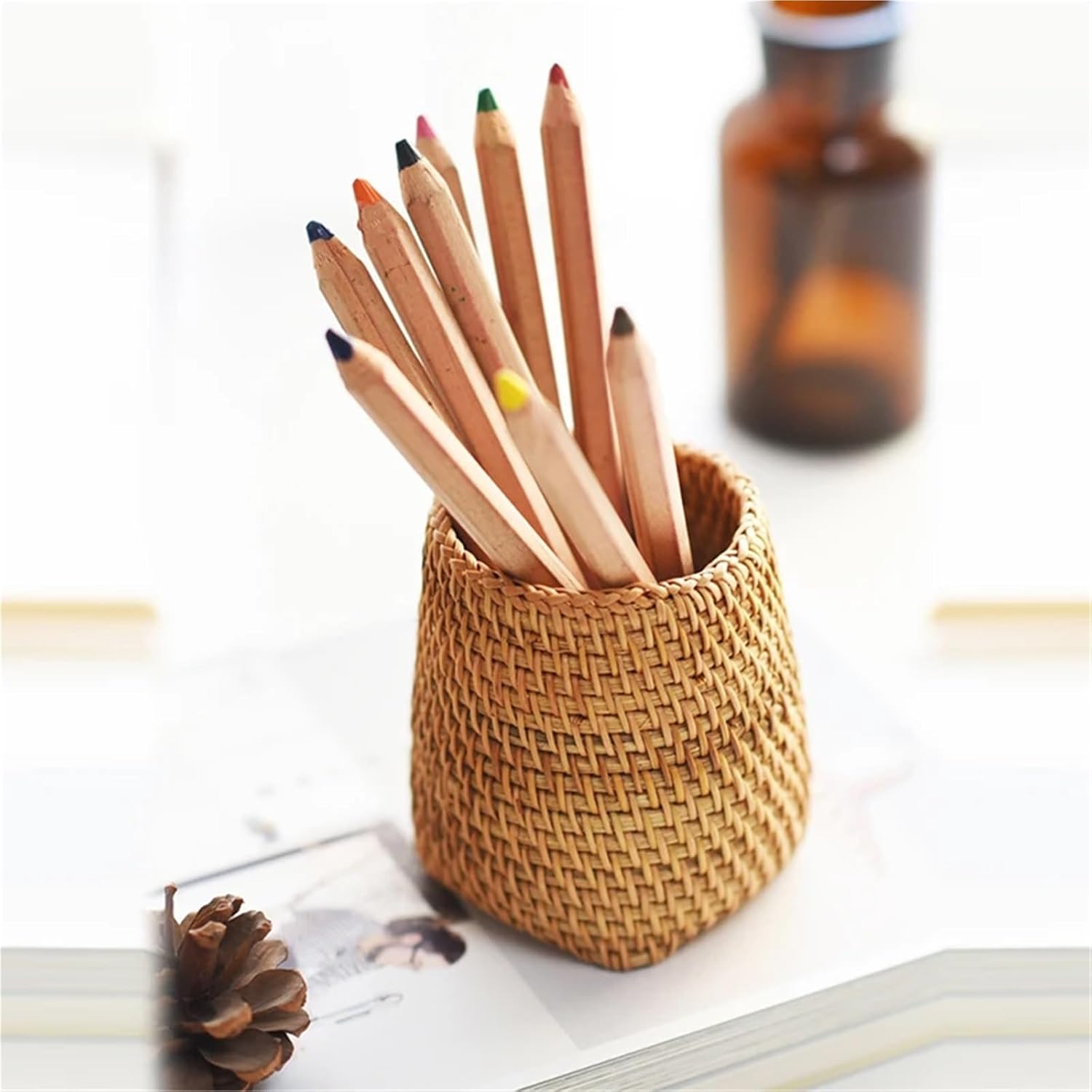 Rattan Pencil Holder 3 PCS Handmade Pen Holder Woven Wood Vine Rattan Stationery Container Storage Box Organizer Students Gifts Office School For Home Office Table image 4