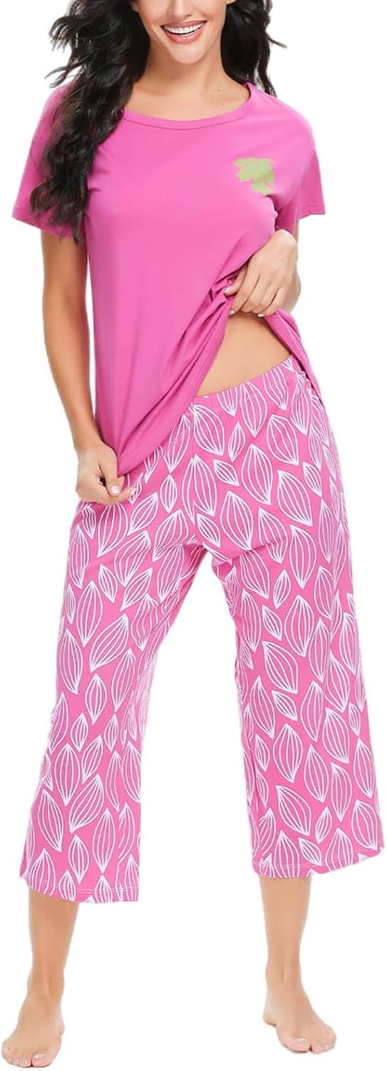 Tugege Womens Pajama Sets Short Sleeve Sleepwear Tops with Capri Pants Fun Printed 2 Piece Lounge Pjs Set - Image 5