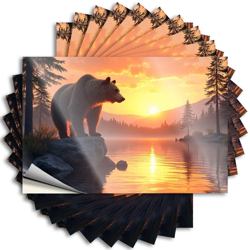 Garage Accessories for Men Affirmation Sticker - A Bear Stands On A Rock By A Serene Lake As The Sun Sets Removable Decal Bumper Easy Peel for Motorcross(8X12CM)