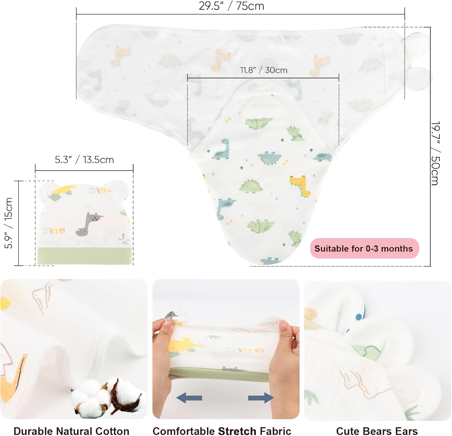 Baby Swaddle Sleep Sacks with Bear Ear Hats Cotton Adjustable Swaddle Blankets Wrap Nursery Swaddles for Newborns Boy Girl Infant 0-3 Months - Image 4