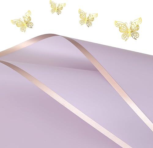 FWSA WRAPS Papel de regalo de flores morado que incluye 12 calcomanías de mariposas 3D, impermeables, 20 piezas de 22.44 x 22.44 pulgadas, boda, día