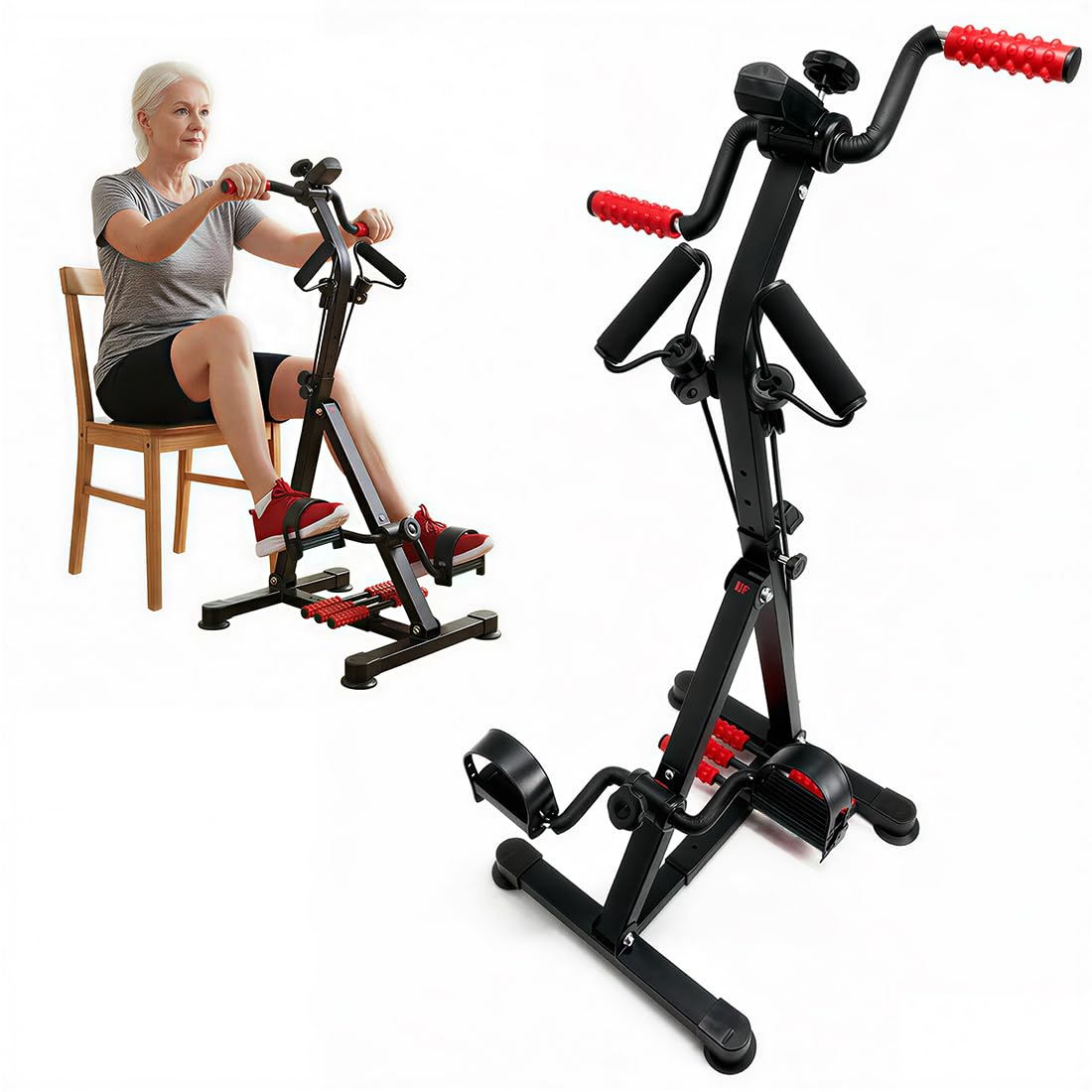 3-in-1 Pedal Exerciser with Resistance Bands, Under Desk Bike for Seniors Arm & Leg Workout, Adjustable Tension Floor Cycle with Massage Rollers,