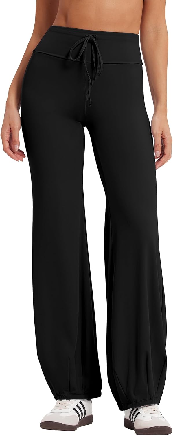 MOOSLOVER Women Bubble Yoga Pants Drawstring Fold Over Flare Leggings Pilates Casual Lounge Pant