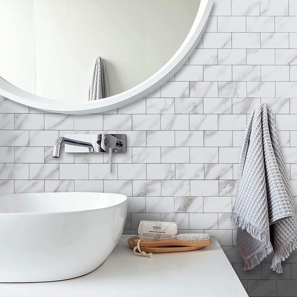 DICOFUN Azulejos de pared autoadhesivos de metro de 3 mm, mármol blanco pulido, adhesivos para azulejos de cocina y baño (10 azulejos)