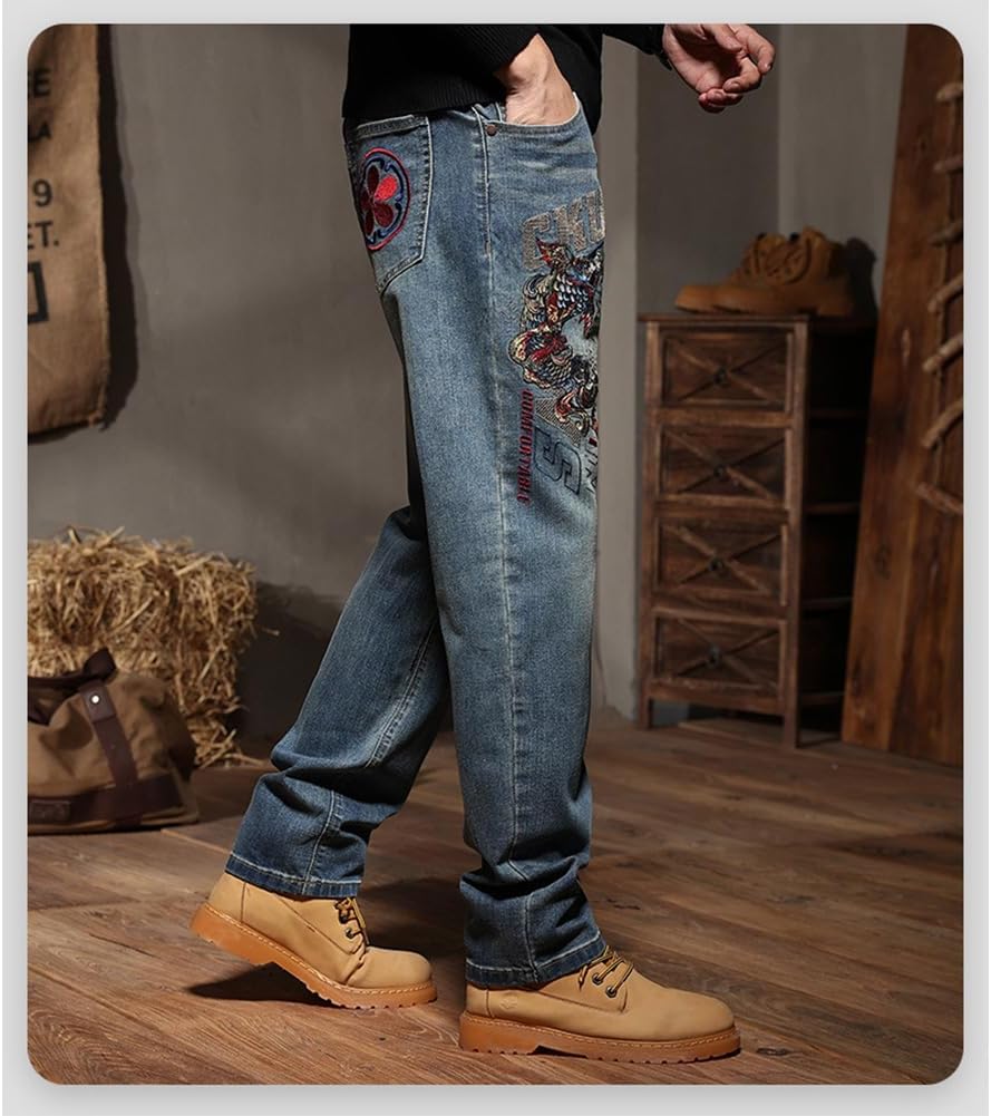 Mens Embroidered Dragon Jeans Vintage Straight Leg Distressed Denim Pants 28-44