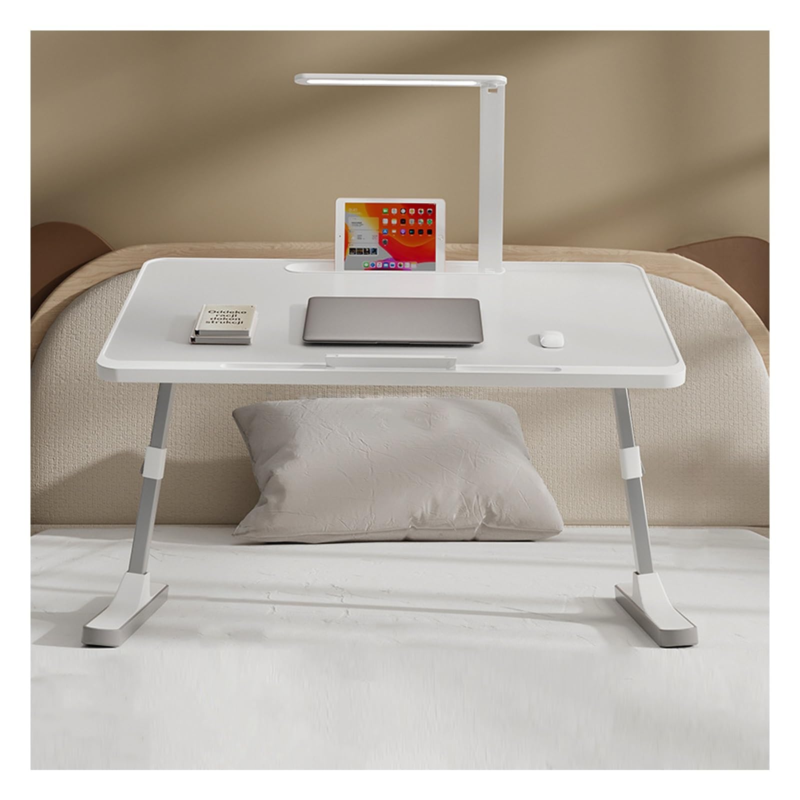 Biurko na laptopa, niski stolik do łóżka, składany stolik do laptopa, składany i stołowy, biurko z tacą na łóżko, małe z lampą biurkową, regulowana wysokość kąta. (szary, typ gniazda na karty