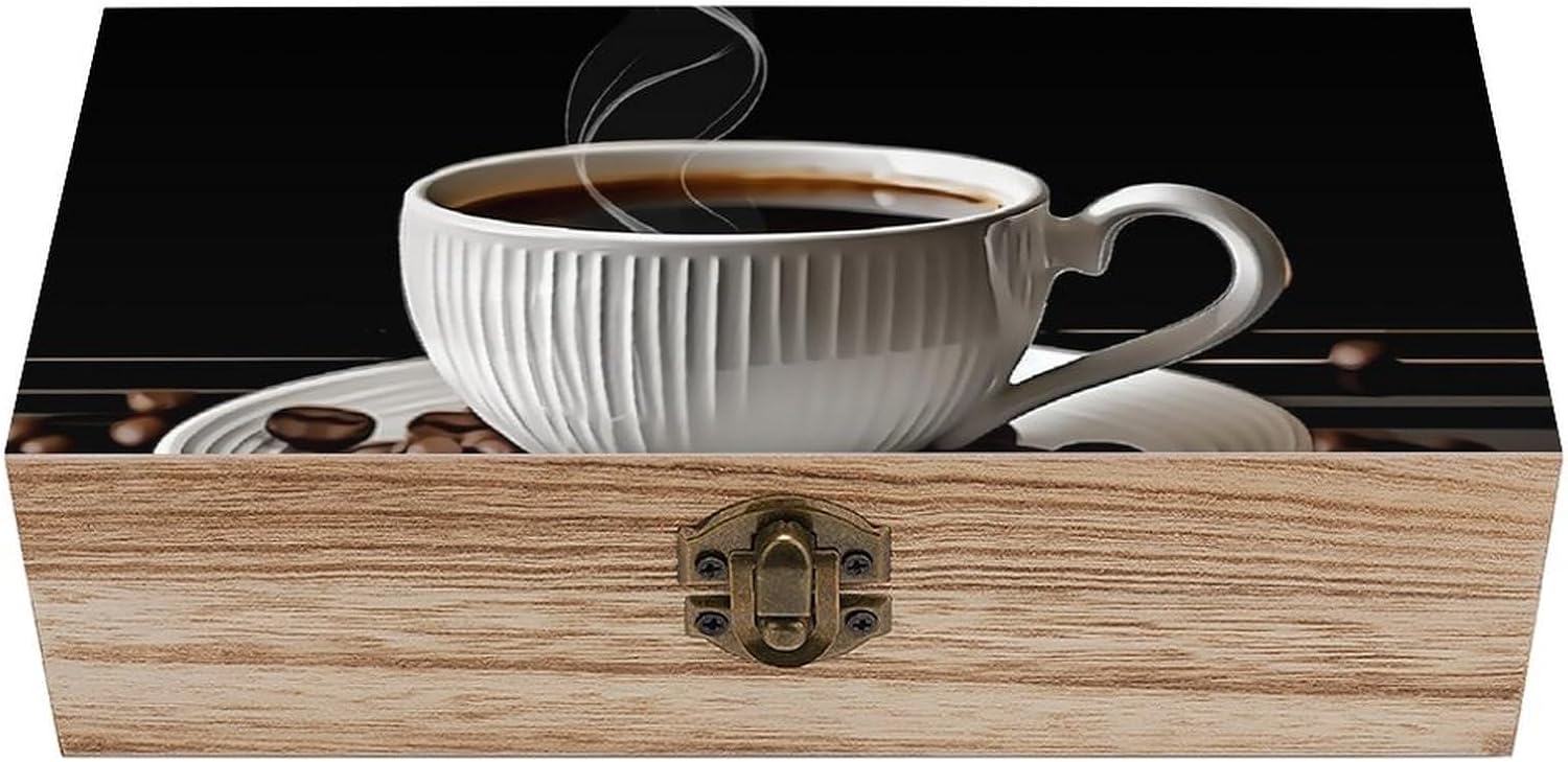 Cup And Beans Memory Jewelry Wooden Box, Large Wooden Treasure Chest Boxes with Hinged Lid, Photos Storage Case for Women Men, Wooden Keepsake Box, 7.9'' X 3.9'' X2.3''