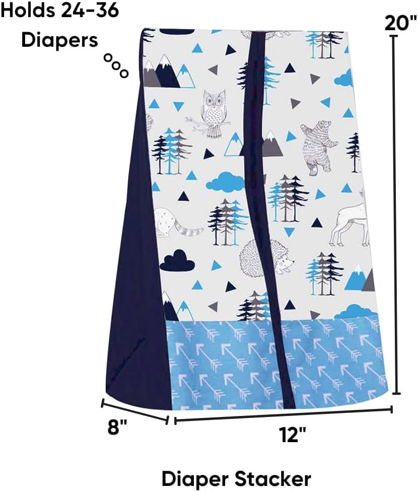 Bacati - Woodlands Forest Animals Aqua/Navy/Grey 4 Piece Cotton Crib Bedding Set with Diaper Caddy for Boys