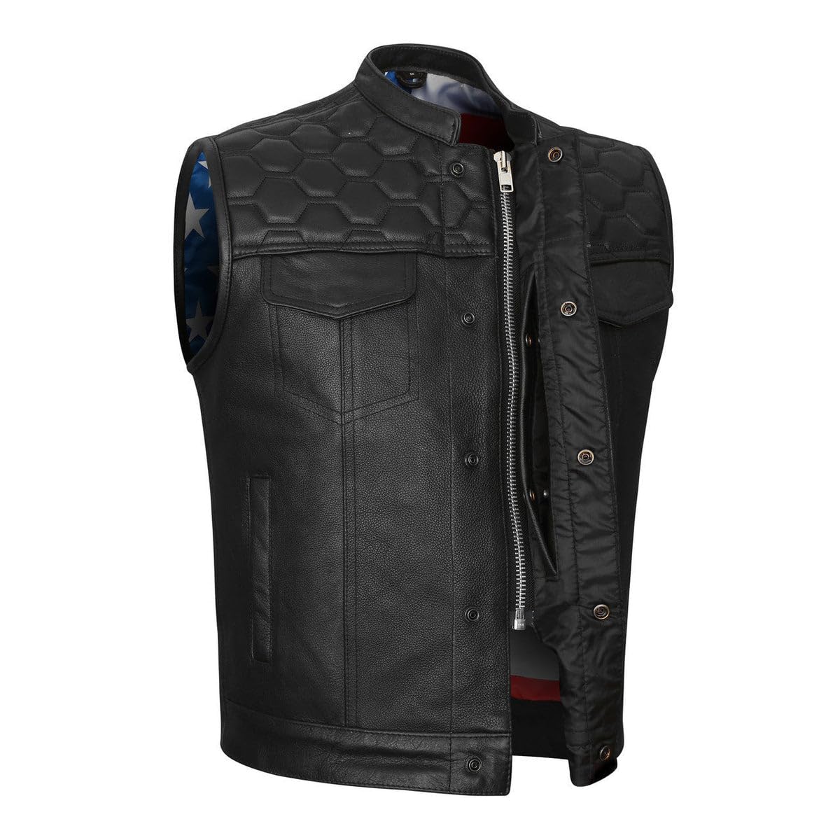 Mens Old Glory Leather Motorcycle Vest with Dual Conceal Carry Pockets, SOA Biker Club Vest with American Flag Liner, Honeycomb Padding (Black, X-Large)