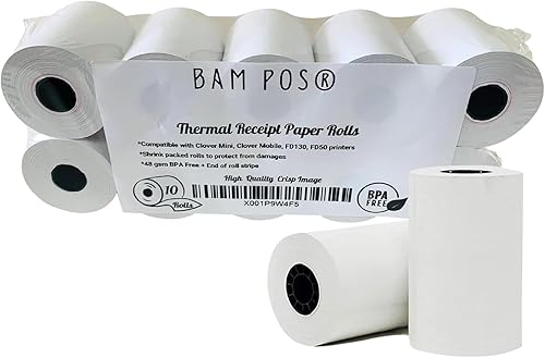Papel térmico de recibo (10 rollos) compatible con Clover Mini, Mobile, First Data FD130, FD50, FD55, Verifone Omni
