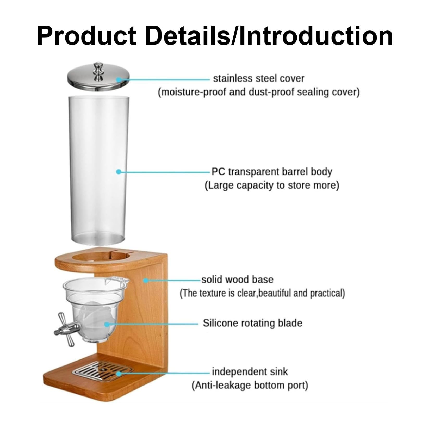 Dispenser per cereali in bambù con barile per PC e base in legno, contenitore per alimenti a secco ermetico per gli snack di fagioli di riso, stoccaggio del controsoffitto del beccuccio girevole facil