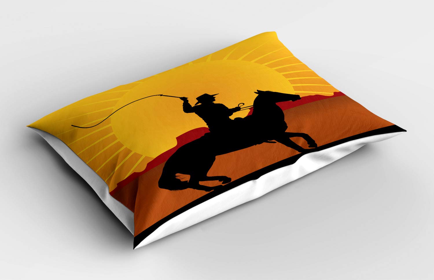 Ambesonne Silhouette Pillow Sham, Cowboy on Horse Sun Backlash Western Pattern, Decorative Standard Queen Size Printed Pillowcase, 30
