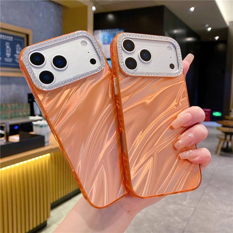 Image of COVERLY for iPhone 17 Hot Diamond Bling Camera Protection Frame Phone Case, Luxury Glossy 3D Laser Cut Water Ripple Mirror Glitter Cute Colorful Shiny Hard Mobile Cover for Apple iPhone 17 (Orange)
