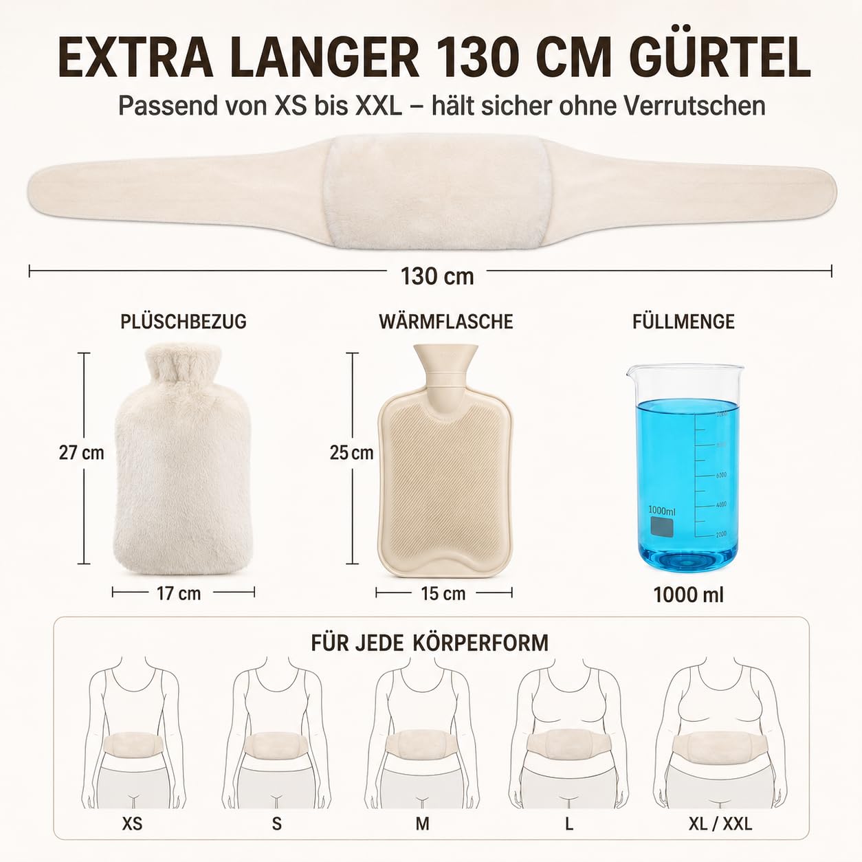 Cinturón para Botella de Agua Caliente - Cinturón Térmico Ajustable de 130 cm, Botella de Agua Caliente de Felpa con Tapa, para Cuello, Hombros, Espalda, Cintura, Dolor Menstrual