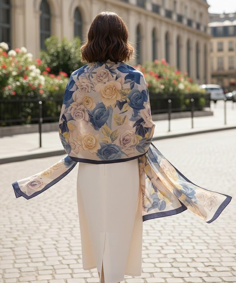 Image of Alexvyan Satin Silk Summer Scarves 180 x 84 cm, Blue Rose Theme with Stitched Border, Lightweight Fashion Scarf for Women Sun Protection Stole