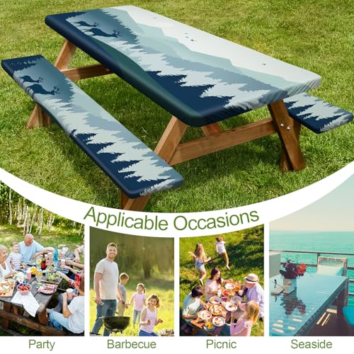 Image of Picnic Table Cover with Bench Covers 6FT 3 Pcs Waterproof Windproof Aesthetic Camping Tablecloth with Drawstring Bag, Fitted for 6 Foot Rectangle Tables and Seats, 72 inch, Blue Deer Forest