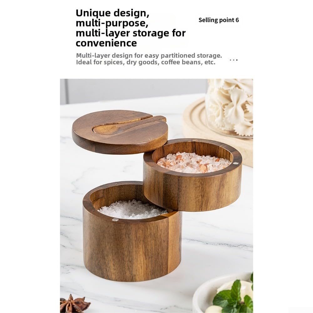 Salière en bois d'acacia avec couvercle rotatif, boîtier de cuillère et dimensions intérieures optimisées pour le débit (marron)