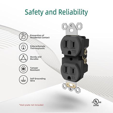 15A 125V TR Electrical Duplex Outlet, 2 Pole 3 Wire, UL Listed, 10PCS
