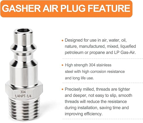 Miniatura 3 de GASHER 10PCS 304 acero inoxidable 14 "NPT macho, enchufe de aire industrial, 14" de alto flujo de enchufes neumáticos