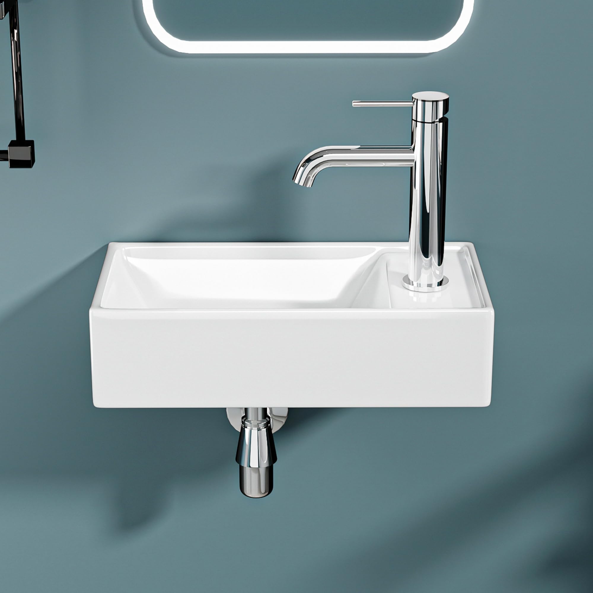 Lavaplatos de mano con borde de salida recta, 41,5 x 22 x 10 cm, lavabo de cerámica blanca brillante, ideal para inodoros y baños de agua, diseño moderno y elegante
