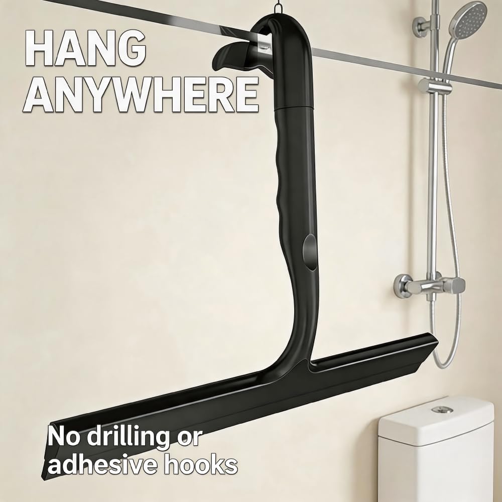Shower Squeegee for Glass Doors - 10 Inch All-One-Piece Silicone with Built-in Hook Design for Shower Glass, Tile Walls, Mirrors & Windows, Black