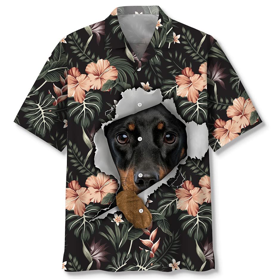 Dachshund Hawaiian Shirts for Men Short Sleeve Aloha Beach Shirt Floral Summer Casual Button Down Shirts