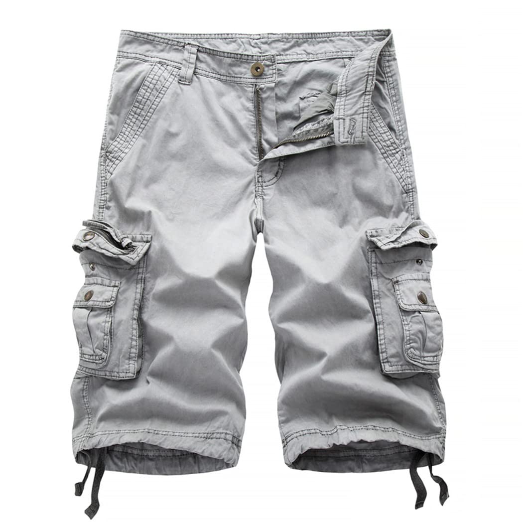 Short cargo d'été décontracté pour homme - Plusieurs poches - Coton uni - Longueur genou, kaki, 44