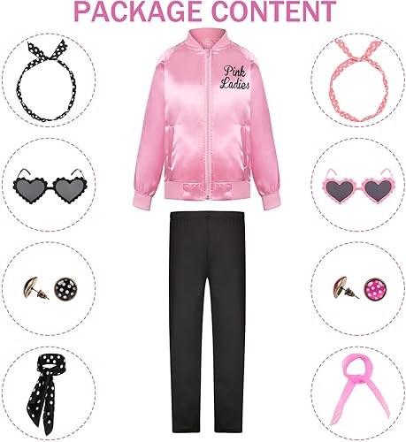 Miniatura 2 de Chaqueta de satén rosa de los años 50, disfraz de Halloween para mujeres y niñas, disfraz de Halloween para niños de los años 50 con 10 accesorios