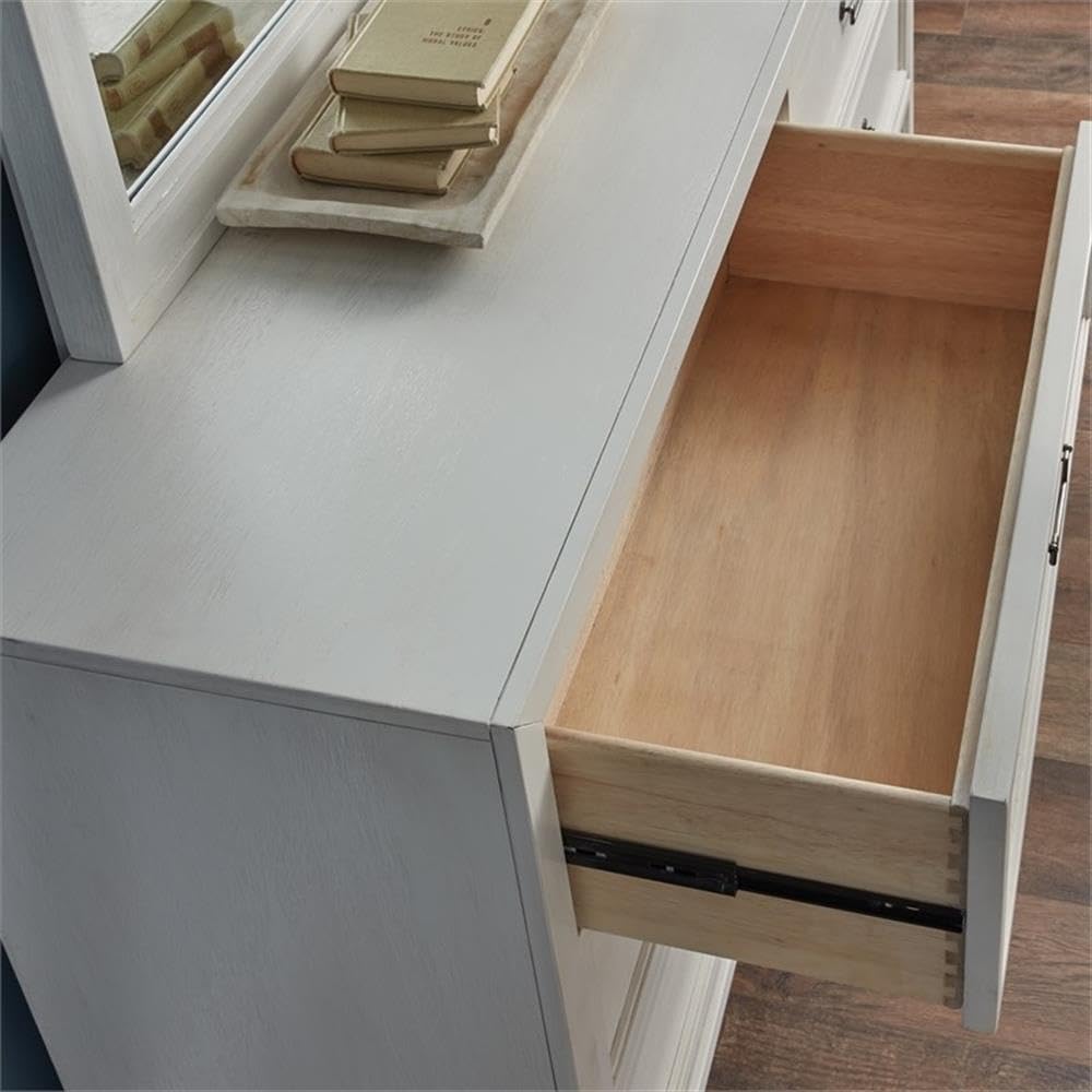 BOWERY HILL Coastal 6-Drawer Dresser, 68" W x 38" H x 17.25" D, Mahogany Solids with MDF Veneers, White Finish with Antiqued Silver Pulls, Cottage Style Bedroom Storage Piece