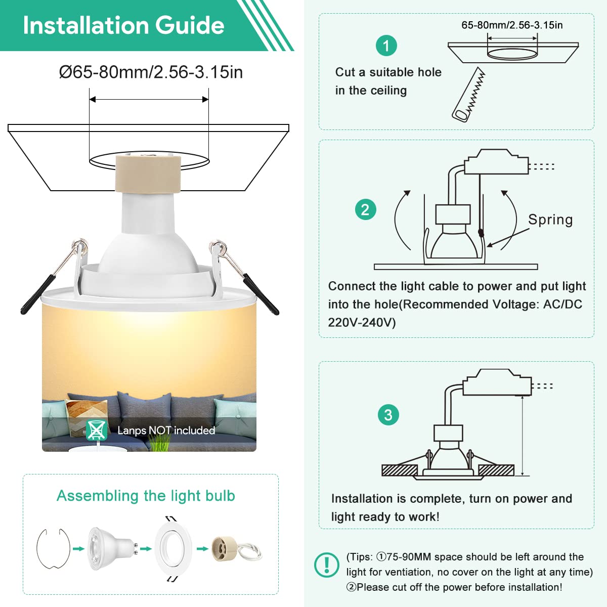 Tailcas Marco Foco Empotrable GU10, 10 Pack Blanco Marcos Focos Downlight LED Empotrable Redondo con Portalámparas GU10, Corte Ф 65-80mm, Ángulo basculación 30°, Para 50mm Lámparas De Led O Halógena