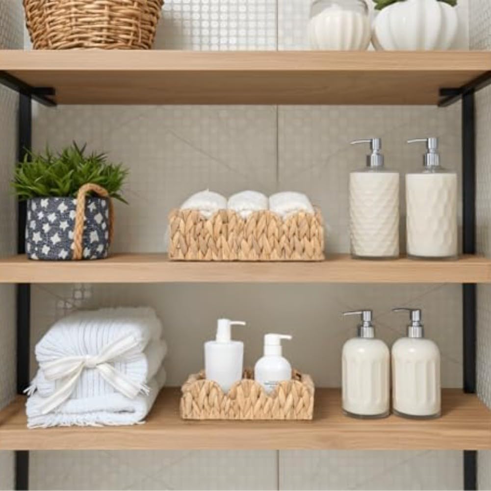 Cesta de almacenamiento de hierba de calabaza con asas de madera, 24 x 24 x 12 cm, organizador decorativo natural, papel higiénico, despensa, sala de estar, caqui