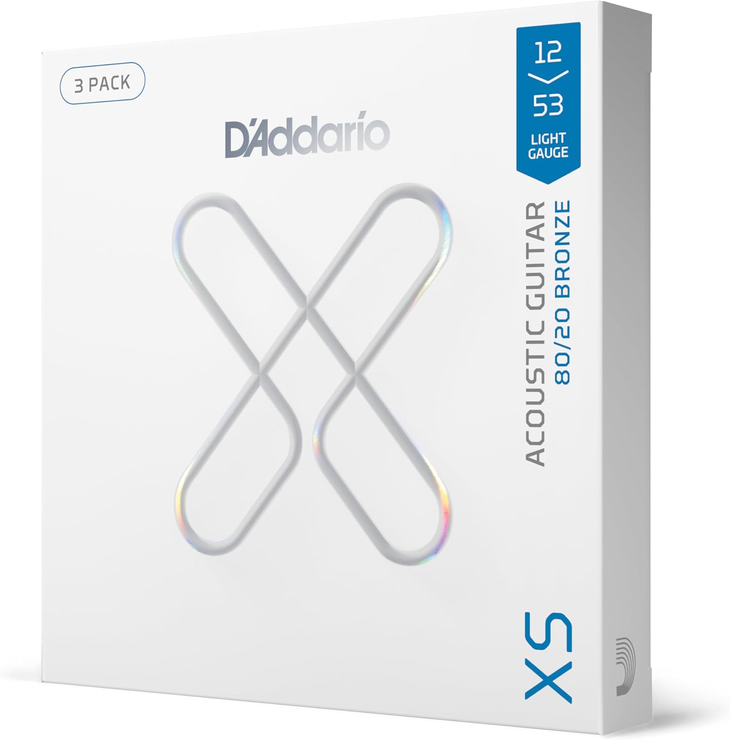 D'Addario Acoustic Guitar Strings, XS 80/20 Bronze Coated, XSABR1253-3P, Light Gauge 12-53, 6-String Set, Pack of 3