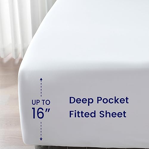 Miniatura 9 de Juego de ropa de cama tamaño King con edredón y sábanas, 7 piezas para todas las estaciones, estilo pintuck duradero, diseño blanco puro para