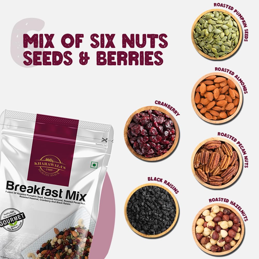 KHARAWALA'S ; HEALTHY SNACK Breakfast Mix - 200gm | Fusion of Roasted Pumkin Seed, Almonds, Pecan Nuts, Hazelnut, Cranberry & Black raisins 4