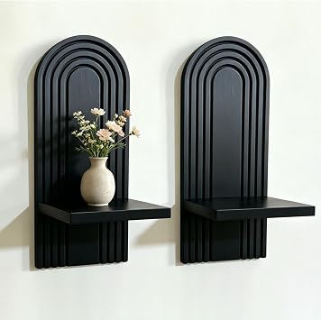 Boho Rattan Wall Floating Shelves Set of 2, Mid Century Modern Natural Wood Wall Mounted Shelves, Decorative Wall Shelf for Living Room, Bedroom, Bathroom, Office, Plant Display & Home Decor Black