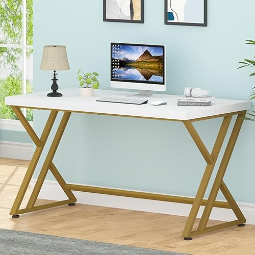 LVB Escritorio blanco y dorado, moderno escritorio de madera para computadora de oficina en casa, mesa de estudio de metal para trabajo de escritura