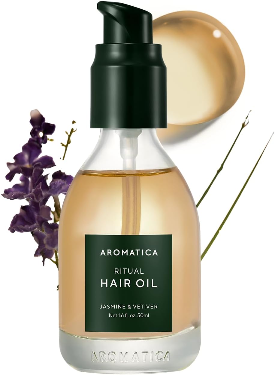 AROMATICA Ritual Jasmine & Vetiver Hair Oil - Adds Shine and Smooths Split Ends - Blow Out Hair Serum for Damaged & Frizzy Hair - Nourishing for Dry Curly Hair - Silicone-Free (1.6 fl oz)