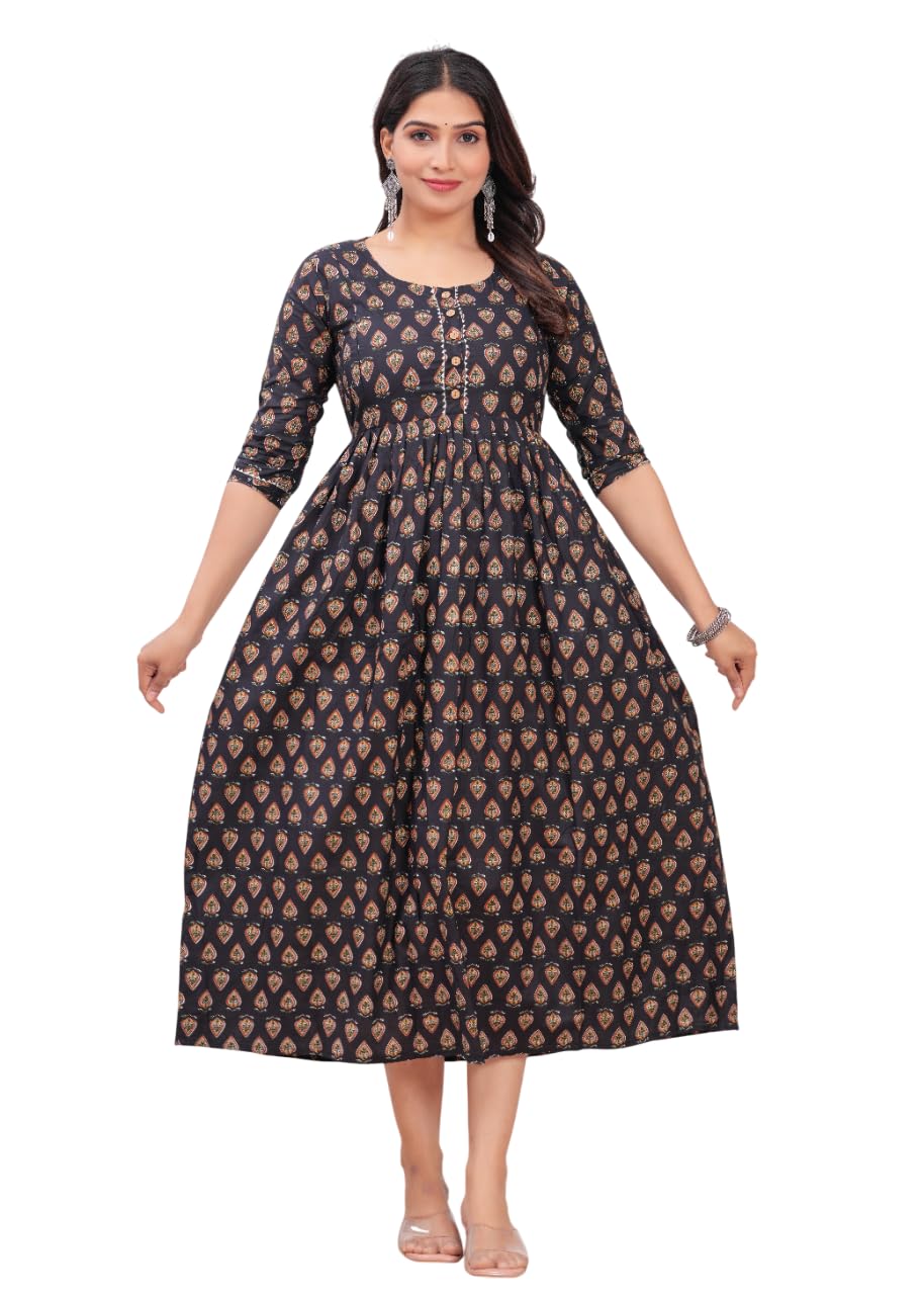 Women's Pure Cotton Maternity Kurti with All Over Prints | Feeding Friendly Flared Dress for Women | Soft Ethnic Wear with...