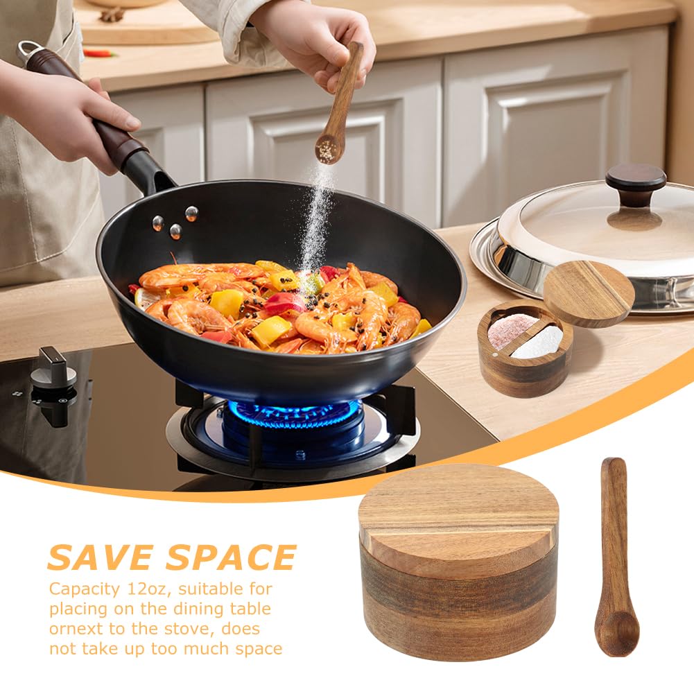 Cuenco de madera para sal y pimienta, con tapa giratoria y cuchara, contenedor redondo para sal y especias