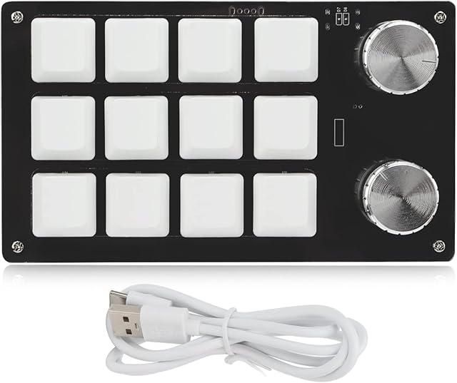 One Handed Macro Mechanical Keyboard, 12 Key RGB Multifunction DIY Programmable Keypad for Office Gaming Lab(Black and white)